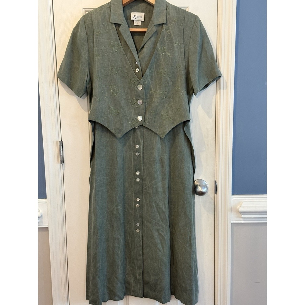 Vintage K Petite Green Button‎ Midi Dress  Size 8P USA  Vest Formal Church Party